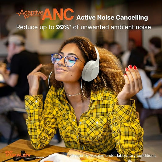 VOKALEN Hyper Pro Adaptive Active Noise-Cancelling Wireless Headphones, Bluetooth Over-Ear with Mic, 60H Playtime, Hi-Res Audio, Deep Bass, Custom EQ (Ivory White)
