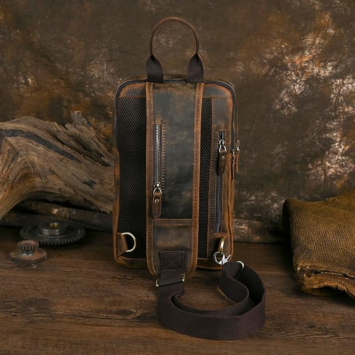 Thick Crazy horse Leather Triangle Crossbody Sling Chest Bag Travel One Shoulder Bag Daypack For Men Male 3028