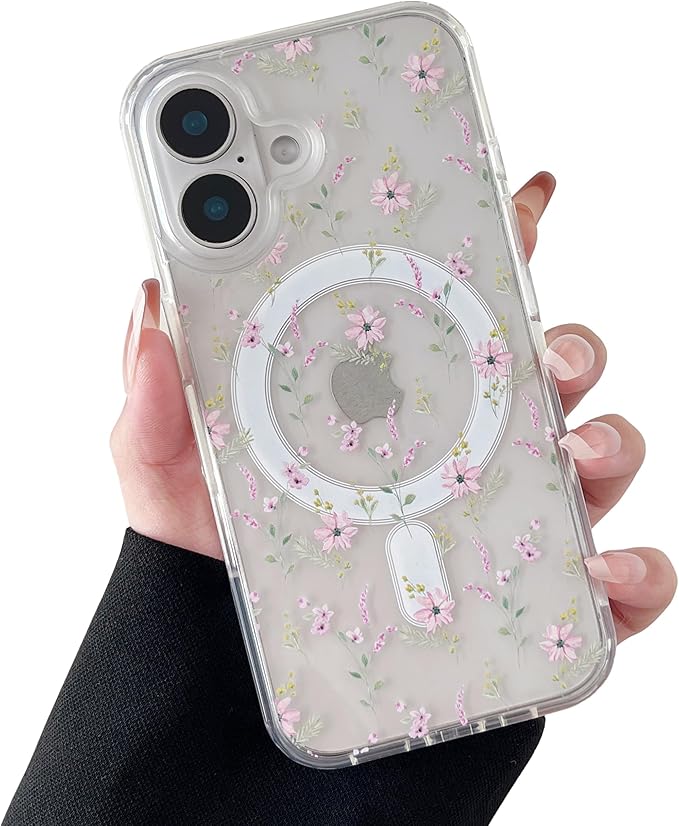 ZTOFERA for iPhone 16 Magnetic Case Compatible with Magsafe,Aesthetic Floral Pattern Design Cute for Girl Women,Anti-Drop Protective Hard Phone Cover for iPhone 16-Pink Flower