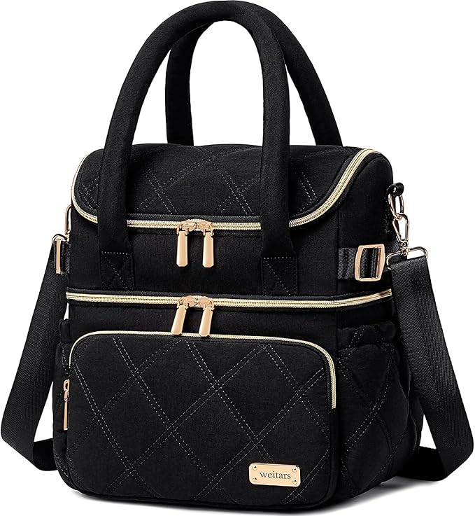 Weitars Lunch Bag for Women Men,Double Deck Lunch Box for Women,Quilted Lunch Tote for Work,Insulated Lunch Cooler Leakproof Lunchbox for Adult with Shoulder Strap &Pockets for Picnic Hiking (Black)