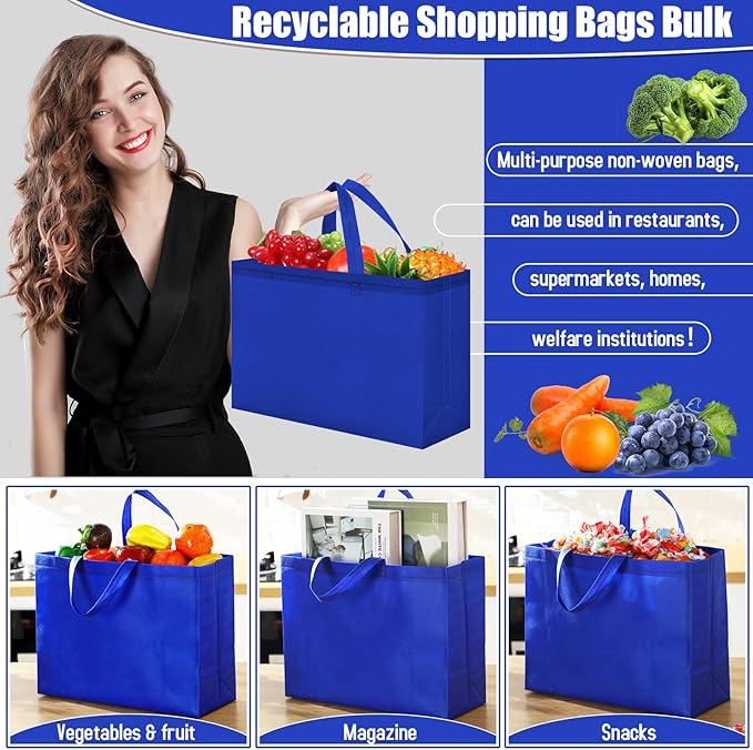 Windyun Reusable Grocery Bags Large Non Woven Shopping Bags with Handles Foldable Portable Tote Bulk, 16x6x12 Inch
