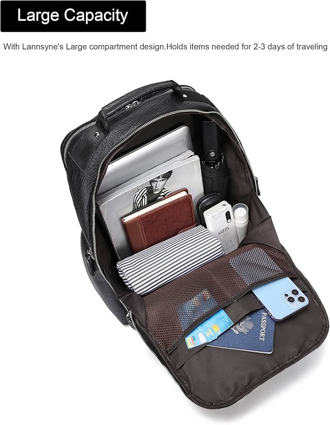 LANNSYNE Men Vinatge Full Grain Leather Backpack Fits 17.3" Laptop, Travel Overnight Daypacks - Black