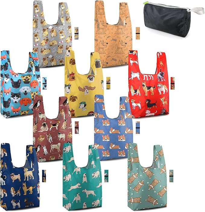 BeeGreen Reusable Grocery Bags Bulk Gifts 10-Pack - Large Tote with Zipper Pouch | Foldable & Washable Polyester Shopping Bags Heavy Duty Animal Lover Gifts Reusable Bag With Handles