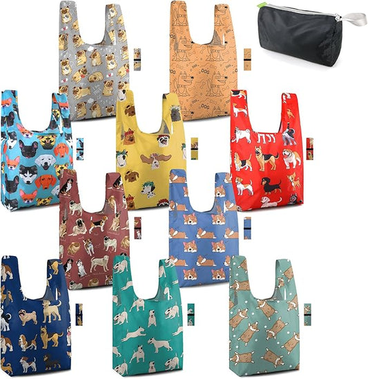 BeeGreen Reusable Grocery Bags Bulk Gifts 10-Pack - Large Tote with Zipper Pouch | Foldable & Washable Polyester Shopping Bags Heavy Duty Animal Lover Gifts Reusable Bag With Handles