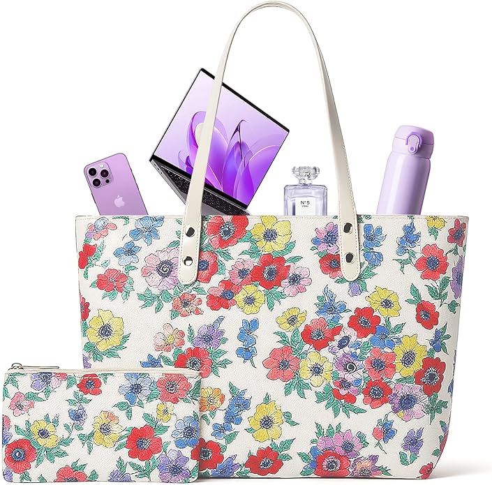 Nylon Tote Bag for Women, Floral 2-in-1 Set with Makeup Bag, Waterproof Large Capacity Shoulder Purse for Travel & Gift