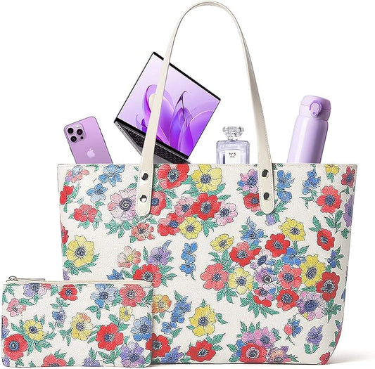 Nylon Tote Bag for Women, Floral 2-in-1 Set with Makeup Bag, Waterproof Large Capacity Shoulder Purse for Travel & Gift
