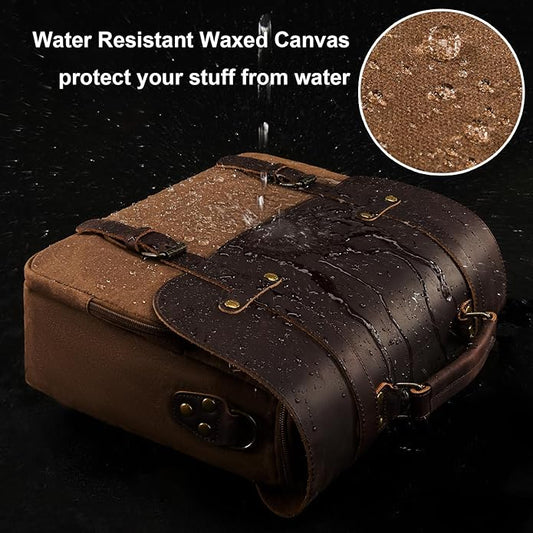 Mens Messenger Bag Waxed Canvas Laptop Briefcase 15.6“ Vintage Genuine Leather Crossbody Bags Waterproof Satchel Shoulder Bag