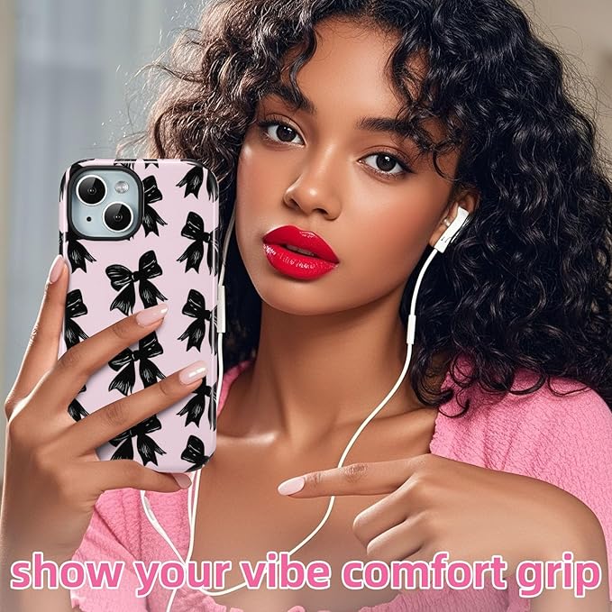 QLTYPRI Case for iPhone 13/14, Aesthetic Black Ribbon Bow Phone Case for Girls Women, Protective Hybrid 2-Layer Hard Shell Silicone Cover Durable Shockproof Phone Cover - Pink