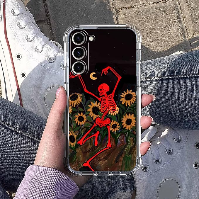 Case for Samsung Galaxy S23+ with Dancing Skull Design,Cute Hippie Skeleton Flowers Pattern,Clear Soft TPU Bumper Phone Cover,6.6"(Skull,S23P)