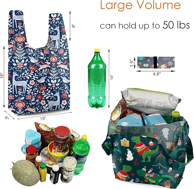 BeeGreen 12 Pack Christmas Reusable Grocery Bags Christmas Gift- 50 Lbs Foldable Polyester Totes With Elastic Band And Storage Pouch For Shopping, Kitchen, Parties Shopping Bag Tote Bags Bulk