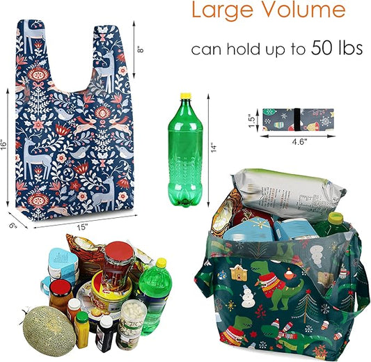 BeeGreen 12 Pack Christmas Reusable Grocery Bags Christmas Gift- 50 Lbs Foldable Polyester Totes With Elastic Band And Storage Pouch For Shopping, Kitchen, Parties Shopping Bag Tote Bags Bulk