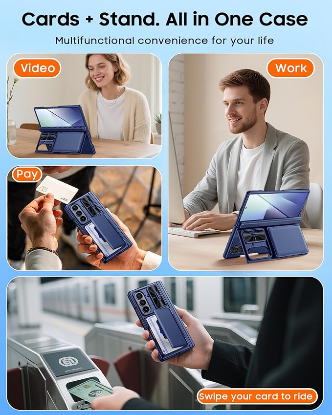 CENMASO for Samsung Galaxy Z Fold 7 Case with Card Holder [RFID Blocking] Camera Cover, Hinge Protection, Hidden Kickstand, Screen Protector, Slim Shockproof Phone Case for Galaxy Z Fold 7-Blue