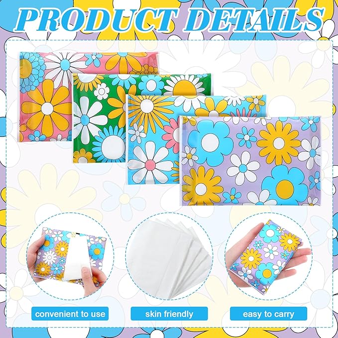 PerKoop 100 Pack Pocket Tissues Travel Slim Packs Small Facial Tissues Wallet Size Toilet Paper for Travel Guest Wedding Supplies, 4 Styles(Daisy)