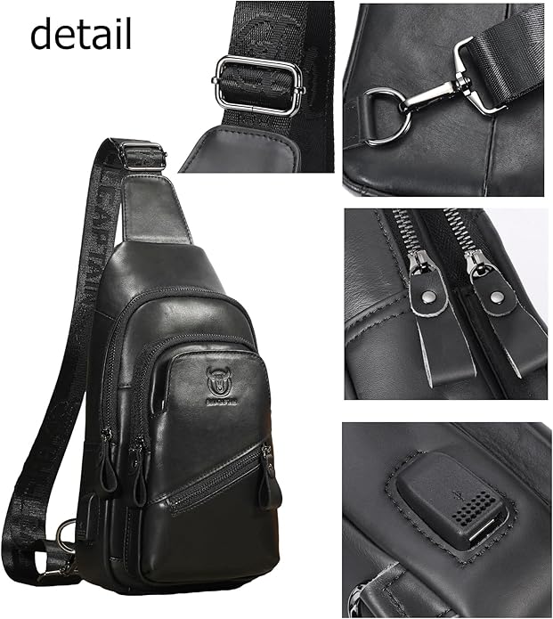 BULLCAPTAIN Mens Leather Sling Bag Backpack Casual Outdoor Shoulder Crossbody Chest Bag with USB Charging Port