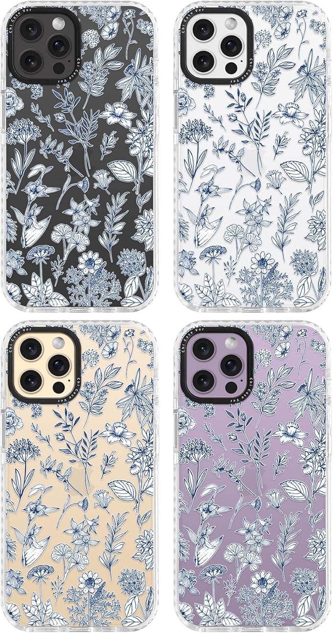 for iPhone 14 Pro Max Case, Vintage Botanical Pattern with Blue Flowers, Military-Grade Drop Protection, Cute Soft Slim TPU Protective Cover with Camera Lens Protection for Women & Girls