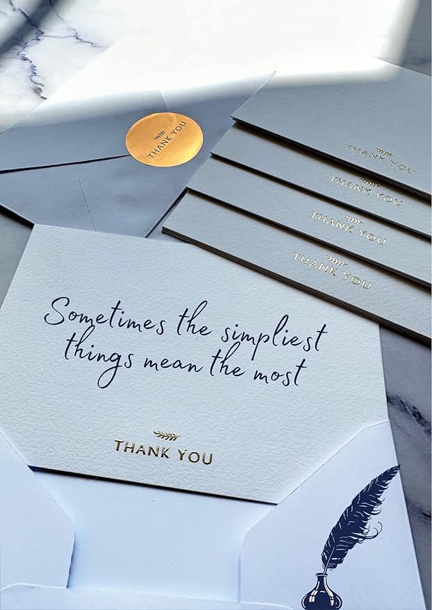 RUN2PRINT (36 Pack) Thank You Cards With Envelopes & Gift of 36 Foiled Stickers - Elegant Embossed Gold Foil Pressed Blank Notes Wedding All Occasion Cards (White)