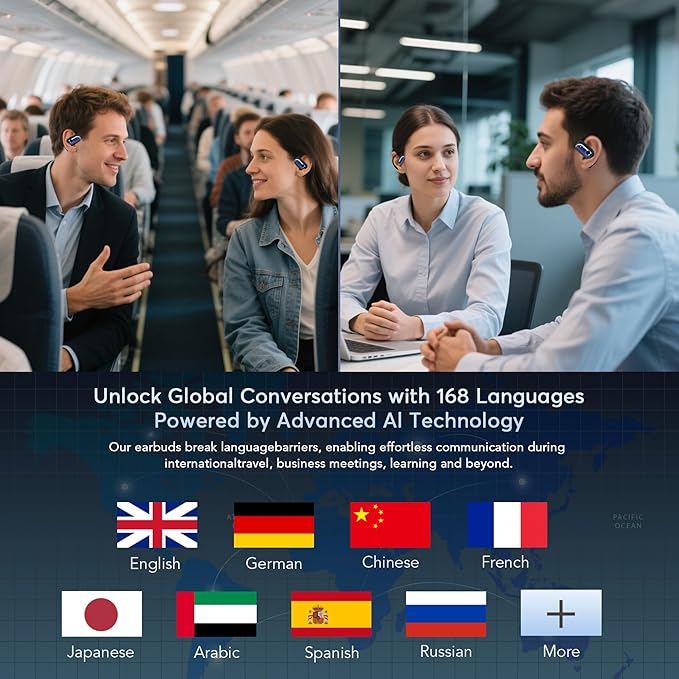 168 Languages AI Live Translation Earbuds, 4-in-1 Smart Mode Bluetooth 5.4 Touch Screen Earphones Real-Time Headphones Translator, Fit iOS and Android Ideal for Business and Learning, Deep Blue