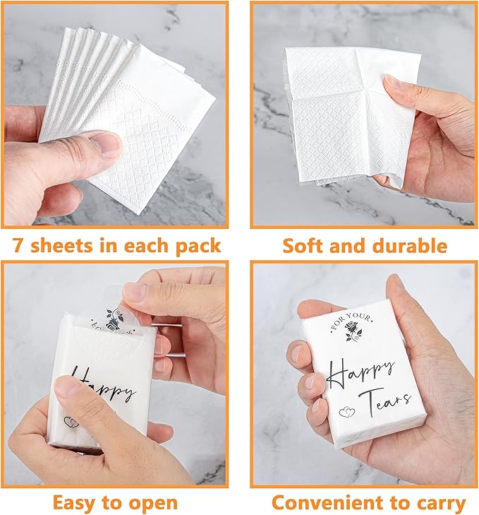 Lesnala 120Packs Happy Tears Tissue Packs for Wedding Kleenex Prepared for Guests 3 Ply Pocket Size for Travel Party Ceremony Graduation Favors White