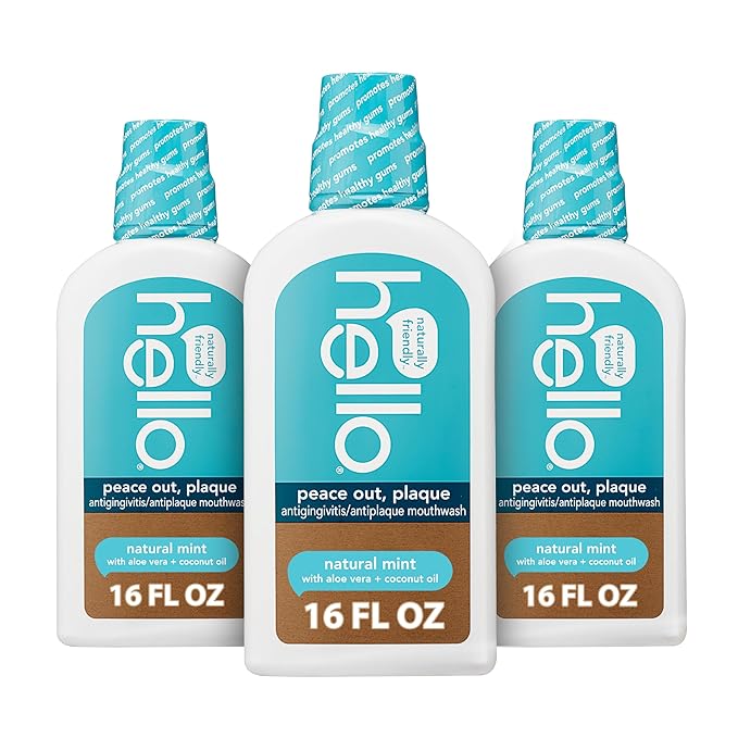 Hello Peace Out Plaque, Antigingivitis Alcohol Free Mouthwash, Natural Mint with Aloe Vera and Coconut Oil, Fluoride Free, Vegan, SLS Free and Gluten Free, 16 Ounce (Pack of 3)