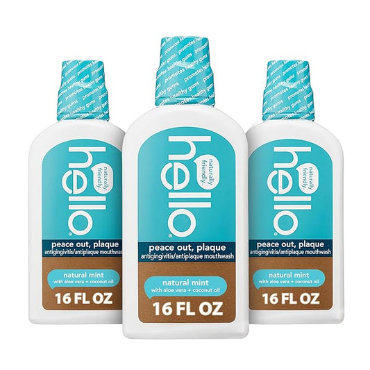Hello Peace Out Plaque, Antigingivitis Alcohol Free Mouthwash, Natural Mint with Aloe Vera and Coconut Oil, Fluoride Free, Vegan, SLS Free and Gluten Free, 16 Ounce (Pack of 3)