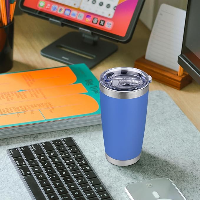 20 oz Tumbler Stainless Steel Tumblers Bulk with Lid Double Wall Insulated Coffee Tumbler Cups for Hot & Cold Drinks Powder Coated Travel Coffee Tumbler Mug Metal (Azure, 6 pack)