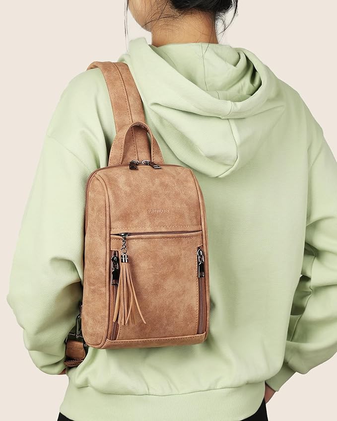 FADEON Sling Bag for Women, Crossbody Purse with Tassels, Designer Leather Shoulder Chest Bags for Travel