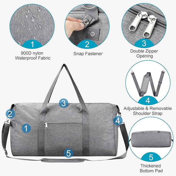 Carry on luaggage 22x14x9 Airlines Approved, Foldable Travel Duffel Bags Weekender Overnight Carry on Duffel Luggage Gym Duffle Bag with Wet Pocket & Shoe Compartment for Women Men(Grey, 40L)