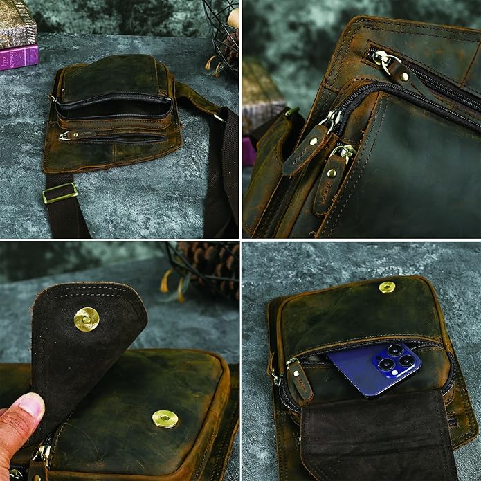 Thick Crazy horse Leather Triangle Crossbody Sling Chest Bag Travel One Shoulder Bag Daypack For Men Male 3028