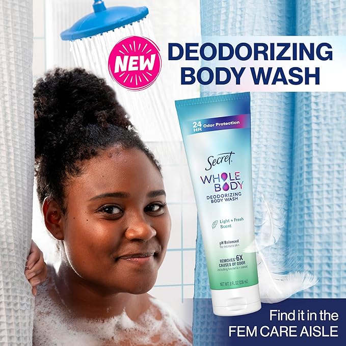 Secret Feminine Wash, 24 HR Deodorizing Feminine Body Wash for Women, Removes 6x Causes of Odor, PH Balanced, Safe to Use Everywhere, Light & Fresh, 8.0 oz