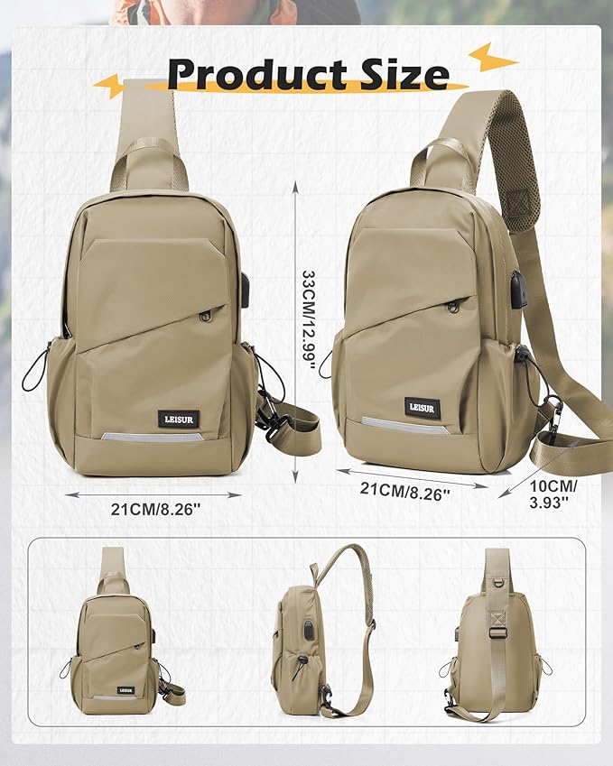 Khaki Sling Bag for Men women, Small Anti Theft One Strap Motorcycle Backpack, Mini Sling Tactical Chest Bag Daypack Crossbody Sling Backpacks for Casual Travel Hiking Gym Outdoor Sports