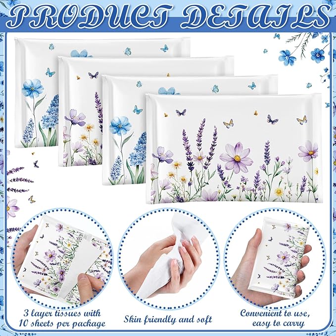 50 Pack Flower Pocket Tissues Individual Packs Floral Pocket Facial Bulk 3 Ply Wildflower Wallet Travel Tissues for Fall Wedding Party Supplies