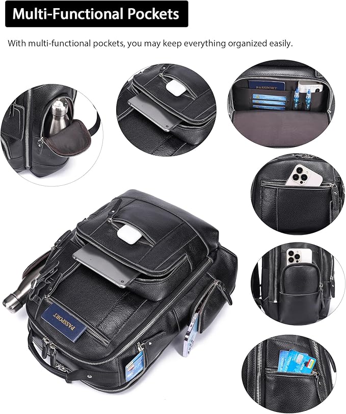 LANNSYNE Leather Backpack for Men, 15.6" Laptop Backpack Camping Travel 24L Rucksack