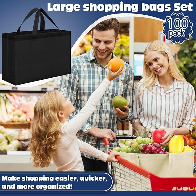 Windyun Reusable Grocery Bags Large Non Woven Shopping Bags with Handles Foldable Portable Tote Bulk, 16x6x12 Inch