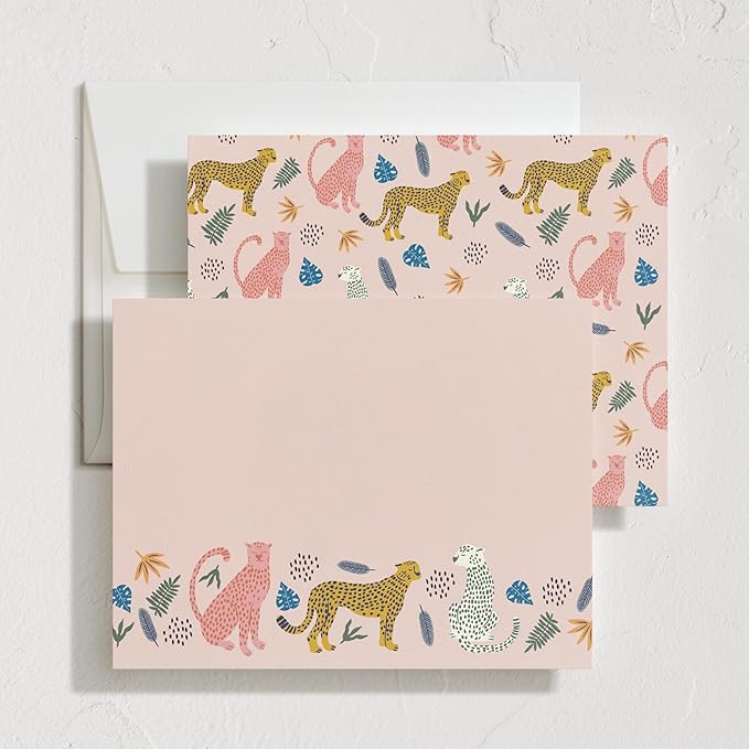 Minted Sweet Tropical Stationery Set, Set of 10, Flat Note Cards & Envelopes for Invitiations and Handwritten Thank You Messages, Jungle Cats & Foliage Design, Gifts for Teachers, Luxurious Paper