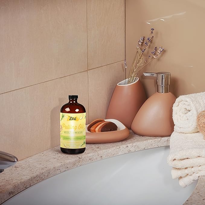 THE DIRT Oil Pulling Mouthwash - Gluten Free - Removes Plaque, Tartar, Bad Breath & Whitens Teeth (Lemongrass & Ginger, 8 Ounce)