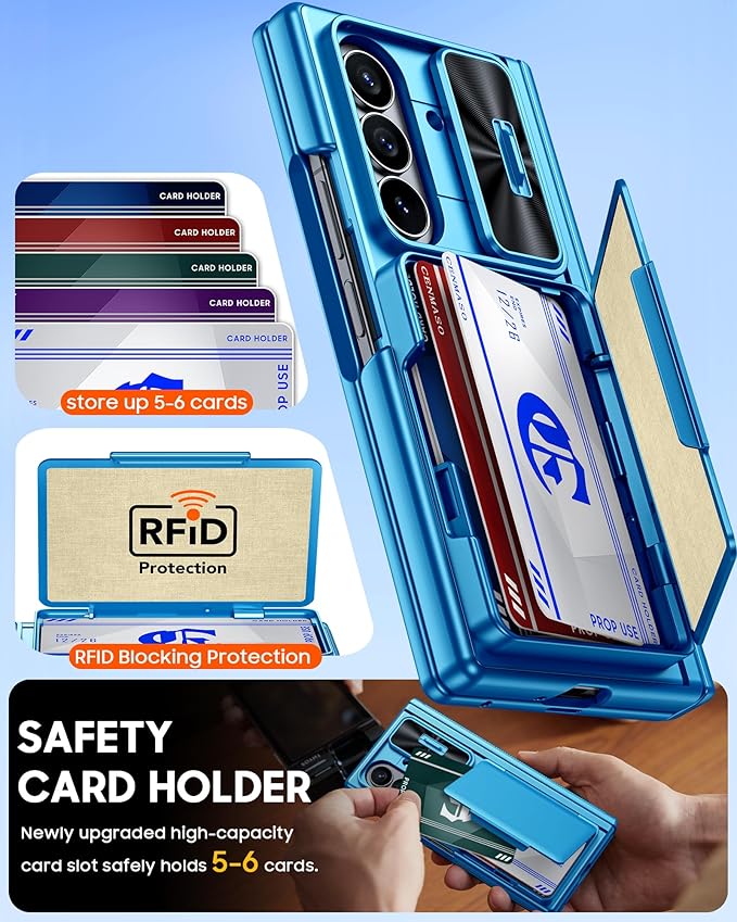 CENMASO for Samsung Galaxy Z Fold 7 Case with Card Holder [RFID Blocking] Camera Cover, Hinge Protection, Hidden Kickstand, Screen Protector, Slim Shockproof Phone Case for Galaxy Z Fold 7-Lake Blue