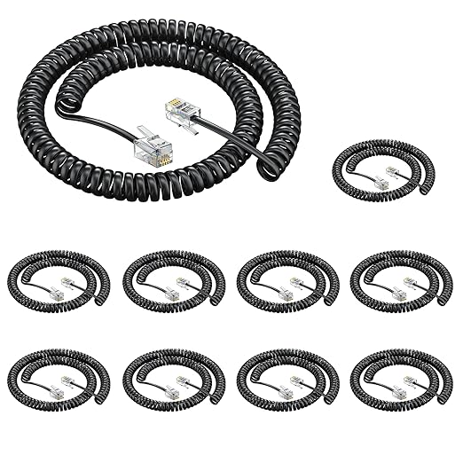 RJ9 4P4C Telephone Cord，Telephone Handset Cord,Coiled Wire 10 Pack 8Ft Uncoiled / 1.4Ft Coiled Landline Phone Handset Cable RJ9 4P4C Telephone Accessory -10 Pack