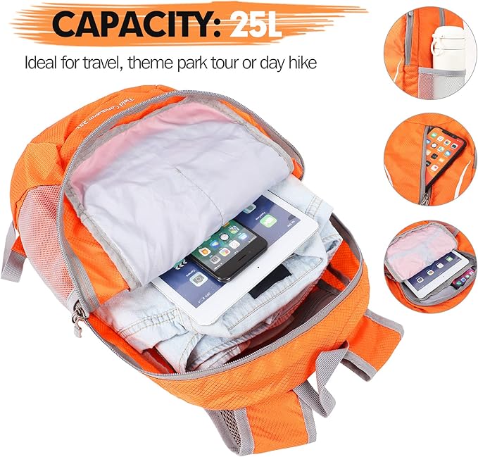 ZOMAKE Ultra Lightweight Packable Backpack 25L, Foldable Hiking Backpacks Water Resistant Small Folding Daypack for Trave(Pastel orange)