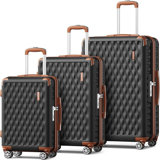 Melalenia Luggage Sets 3 Piece, Hard Shell Carry on Suitcase with Spinner Wheels and TSA Lock, Travel Lightweight Luggage Set for Women, Black Brown