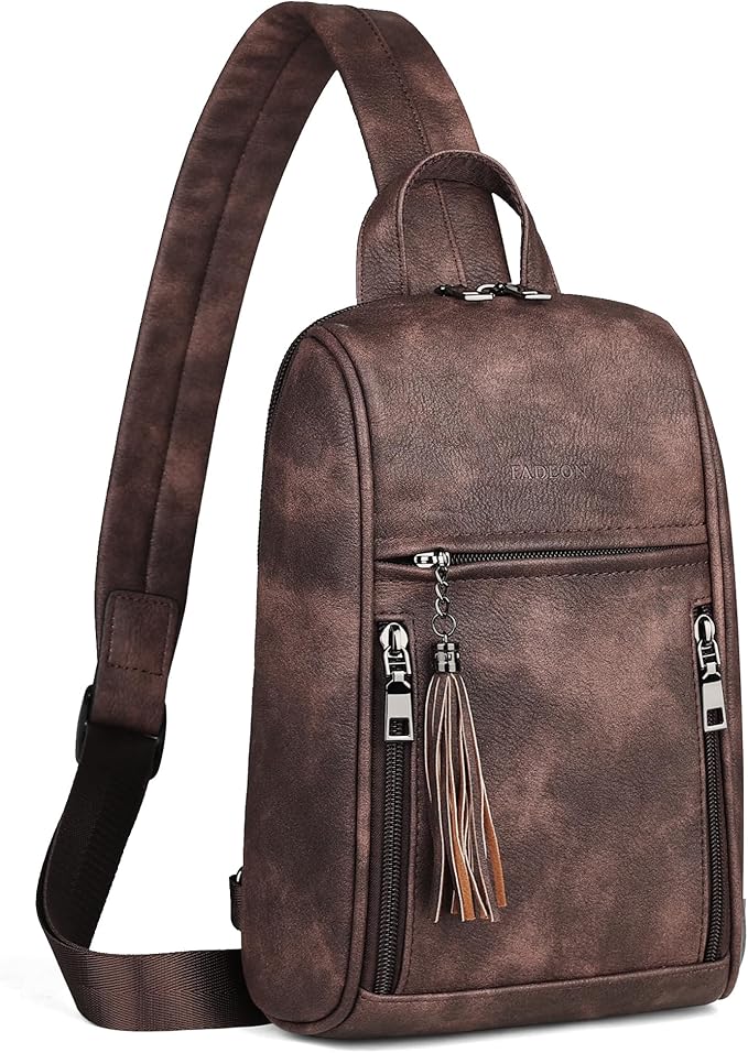 FADEON Sling Bag for Women, Crossbody Purse with Tassels, Designer Leather Shoulder Chest Bags for Travel