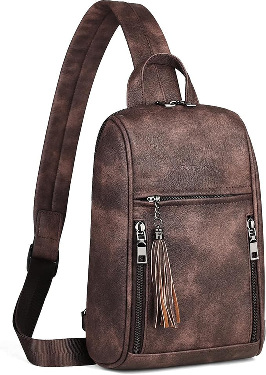 FADEON Sling Bag for Women, Crossbody Purse with Tassels, Designer Leather Shoulder Chest Bags for Travel