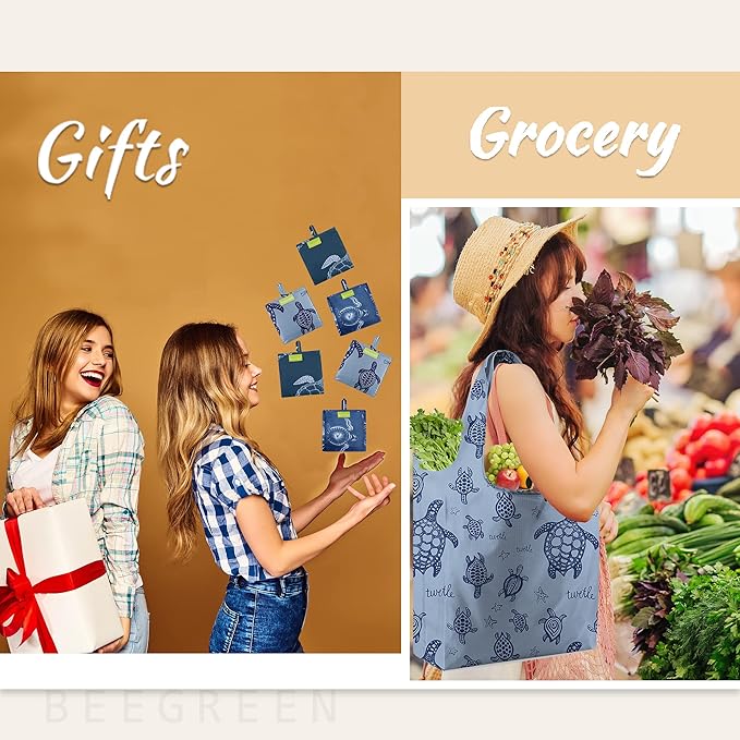 BeeGreen Sea Turtle Reusable Grocery Bags Large Tote Bag With Handles, Bulk Gift Foldable Shopping Bags for Women 6 Pack, Cute Cloth Bag, Heavy Duty, Washable For Beach, Holiday, Travel And Groceries