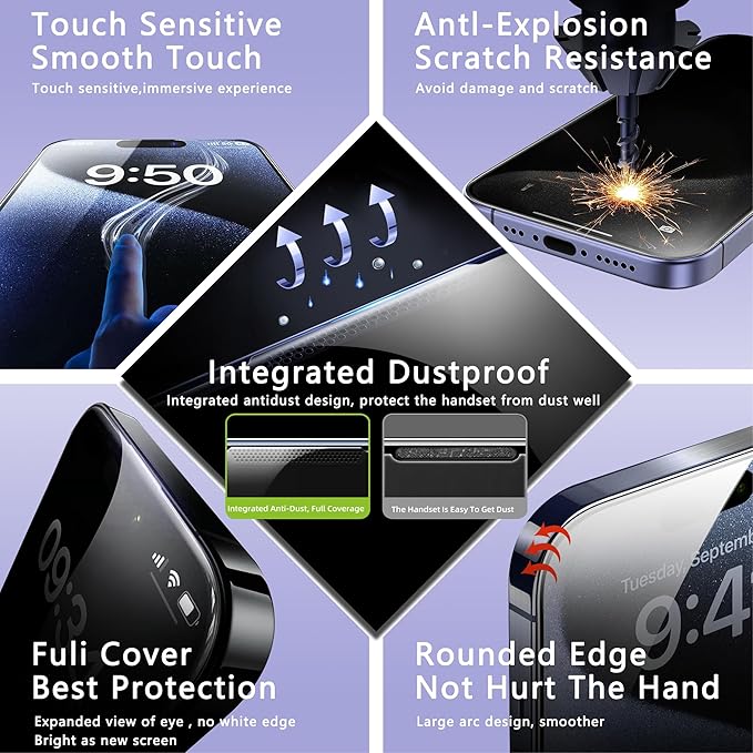 2 Pack Anti Blue Light Matte Screen Protector for iPhone 15 Pro Max 6.7-Inch Auto Dust Removal, No Bubbles, Tempered Glass Film, Easy Installation