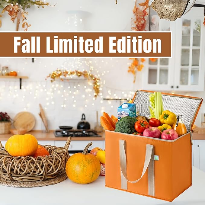 VENO 2 Pack Cooler Bag and Insulated Grocery Bags for Food Delivery, Collapsible Cooler. Reusable Shopping Bags for Groceries with Hard Bottom, Zippered, Foldable, Heavy-Duty (Autumn Orange, 2 Pack)