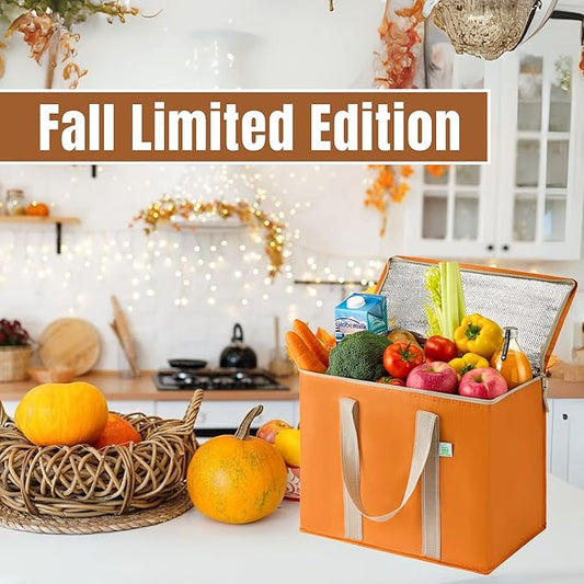 VENO 2 Pack Cooler Bag and Insulated Grocery Bags for Food Delivery, Collapsible Cooler. Reusable Shopping Bags for Groceries with Hard Bottom, Zippered, Foldable, Heavy-Duty (Autumn Orange, 2 Pack)