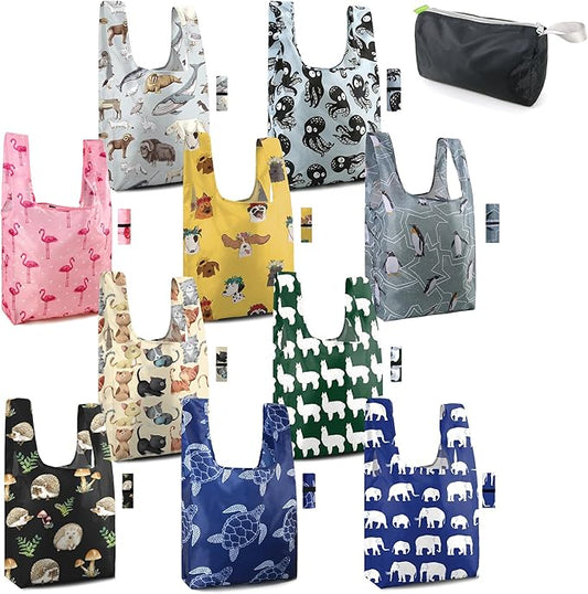 BeeGreen Reusable Grocery Bags Bulk Gifts 10-Pack - Large Tote with Zipper Pouch | Foldable & Washable Polyester Shopping Bags Heavy Duty Animal Lover Gifts Reusable Bag With Handles