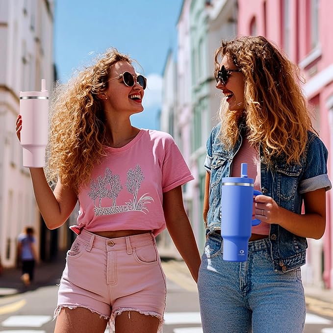 32 oz Tumbler with Handle and Straw: Stainless Steel Insulated Tumbler Keeps Cold for 24 Hours, Leakproof Travel Cup Fits in Cup Holder and BPA-Free, Mauve