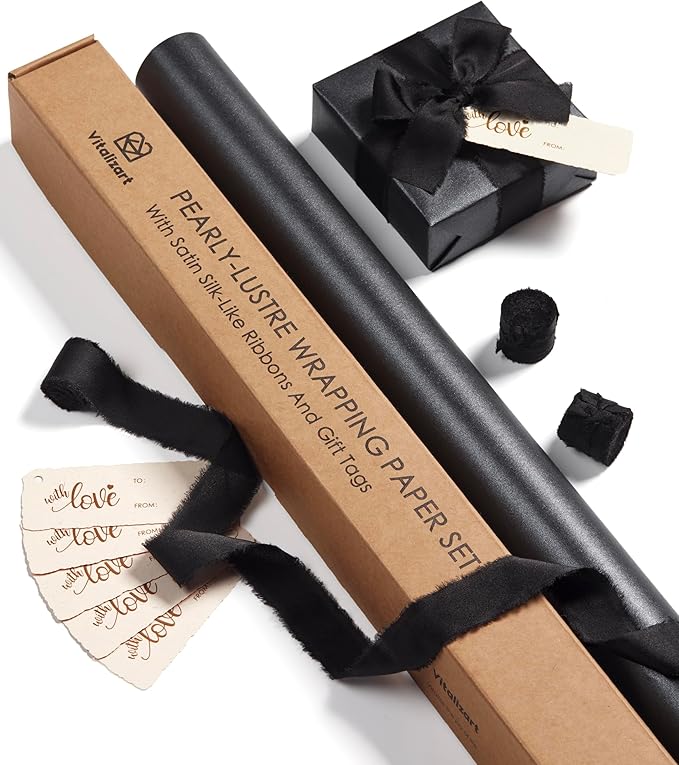 Vitalizart Black Wrapping Paper Set 30" Pearly-Lustre With Silk Like Satin Ribbon & Gift Tags Recyclable Eco-Friendly Christmas Gift Wrapping Birthday Baby Shower Wedding Handmade Crafts 197"(16.4 Ft)