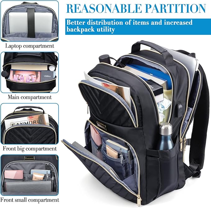 Travel Laptop Backpack, School Backpack for Teen Girls, 15.6 Inch Quilted Work Backpack Purse with USB Charging Port, Large Anti-theft Bookbag for Students, Casual Daypacks for Women,Black