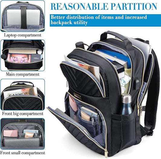 Travel Laptop Backpack, School Backpack for Teen Girls, 15.6 Inch Quilted Work Backpack Purse with USB Charging Port, Large Anti-theft Bookbag for Students, Casual Daypacks for Women,Black